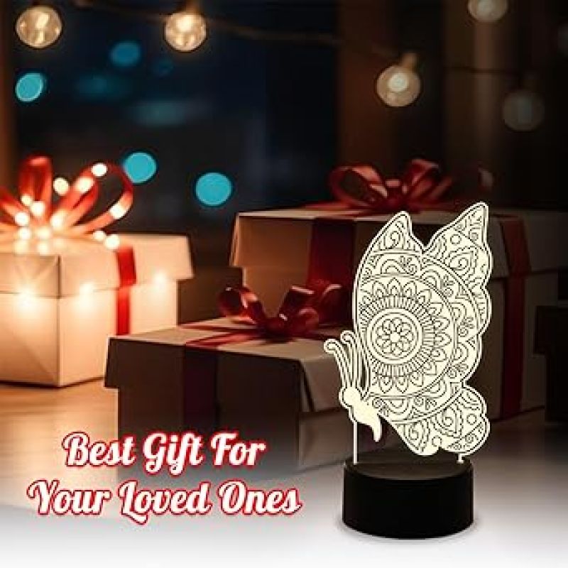 Butterfly Mandala Art Design 3D Illusion Night Lamp with Warm White Light  Table Lamp Home Decor Light